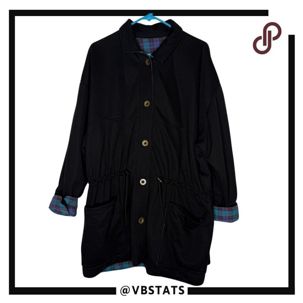 Black Utility Jacket with Plaid Trim - Women's Drawstring Coat